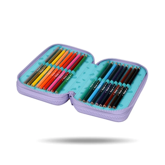 Třípatrový školní penál s motivem Stitcha v pastelových barvách s kompletním vybavením pro děti