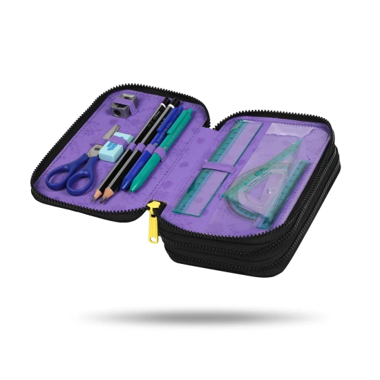 Třípatrový školní penál s motivem Stitcha v pastelových barvách s kompletním vybavením pro děti