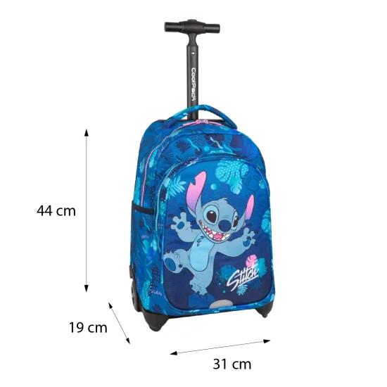 Školní batoh Jack na kolečkách Stitch Blue se dvěma prostornými komorami a reflexními prvky pro dětskou bezpečnost.