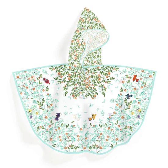 Dětská poloprůsvitná pláštěnka s motivem květin a ptáčků.