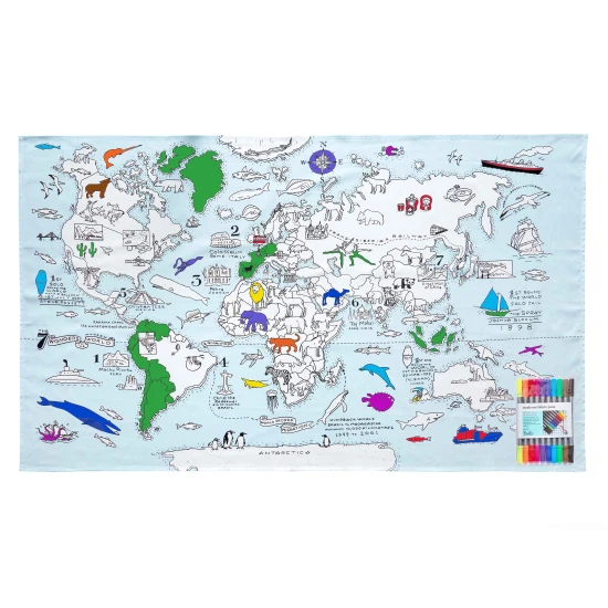 Ubrus na vybarvení World map – Pro děti, které objevují svět a zvířata