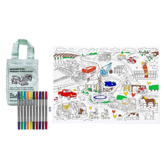 Prostírání na vybarvování Working wheels s fixy eatsleepdoodle
