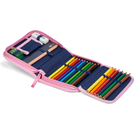 Školní penál Ergobag Magic růžový - 20-dílný set s pastelkami, pravítkem a struhadlem, ekologický a praktický penál pro děti. 