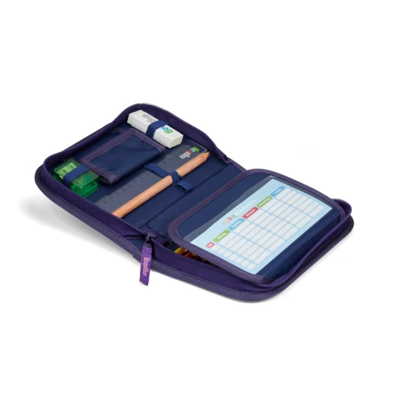 Penál Ergobag Heaven reflexní 20-dílný set, ekologický školní penál s pastelkami, struhadlem a pravítkem pro děti.