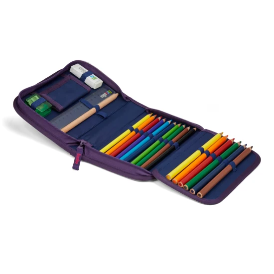 Penál Ergobag Jungle 20-dílný set s pastelky, struhadlem a pravítkem pro děti, ekologický produkt vyrobený z recyklovaných PET lahví.