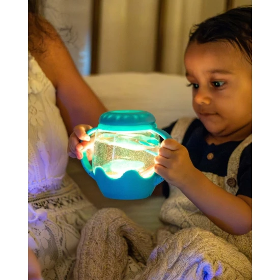 Senzorická lahvička mini se silikonovými doplňky Glo Pals, Blue, dárkový set