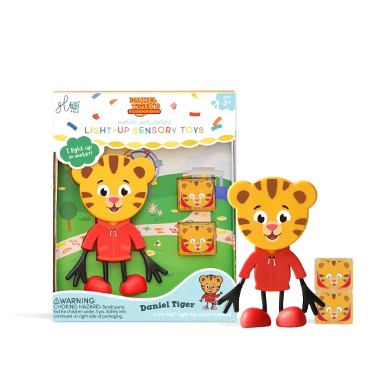 Glo Pals Sada Figurka Daniel Tiger a 2 senzorické kostky do vody – svítící hračka do vany pro děti.