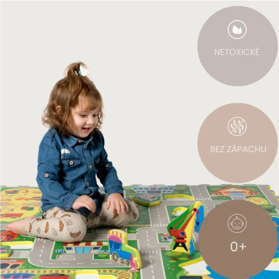 Hakuna Matte Hrací podložka Puzzle Město 1,2 x 1,2 m Vytvořte si fantastické puzzle město s odnímatelnými vozidly.