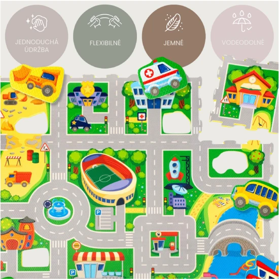 Hakuna Matte Hrací podložka Puzzle Město 1,2 x 1,2 m Vytvořte si fantastické puzzle město s odnímatelnými vozidly.