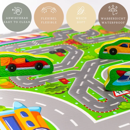 Hrací pěnová puzzle podložka s cestami, budovami a autíčky, 1.2x1.2 m – dětská autodráha z EVA pěny