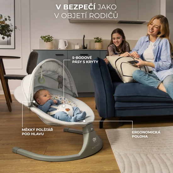 Houpavé lehátko s melodií 2v1 Lumi, do 9 kg, Premium Light Grey Kinderkraft KBLUMI02LGR0000