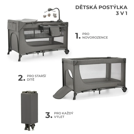 Cestovní postýlka Joy 2 s příslušenstvím Dark grey Kinderkraft KLJOY02DGR000AC