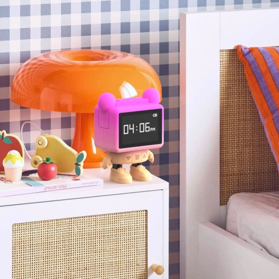 MOB Tančící budík Dancing Clock – růžový, hudební a tančící budík pro děti s LED displejem