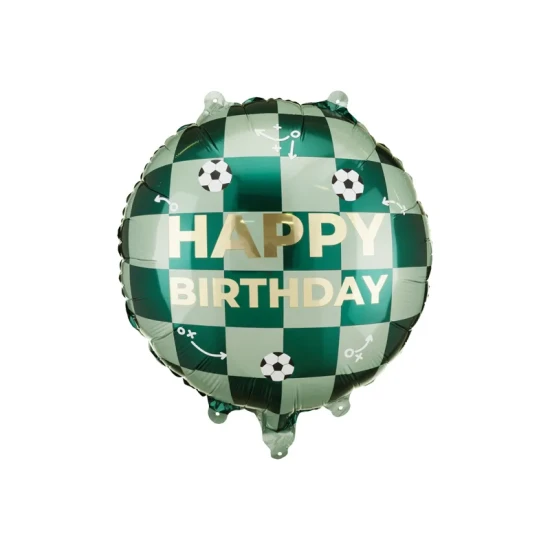 Balón Happy Birthday s míči – fóliový balón 35 cm pro sportovní narozeninovou výzdobu
