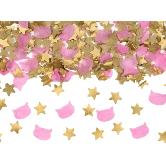 Konfety hvězdy a kočky – zlaté hvězdičky a růžové kočičky jako dekorace na dětskou oslavu