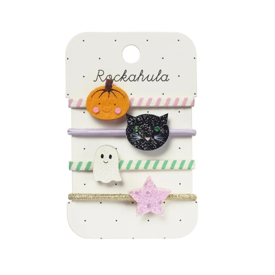 Sada 4 gumiček do vlasů na Halloween s motivy dýně, černé kočky, ducha a růžové hvězdy