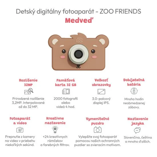 The Zoofamily Dětský digitální fotoaparát Zoo Friends Medvěd Dětský digitální fotoaparát pro každou cestu s motivem medvěda.