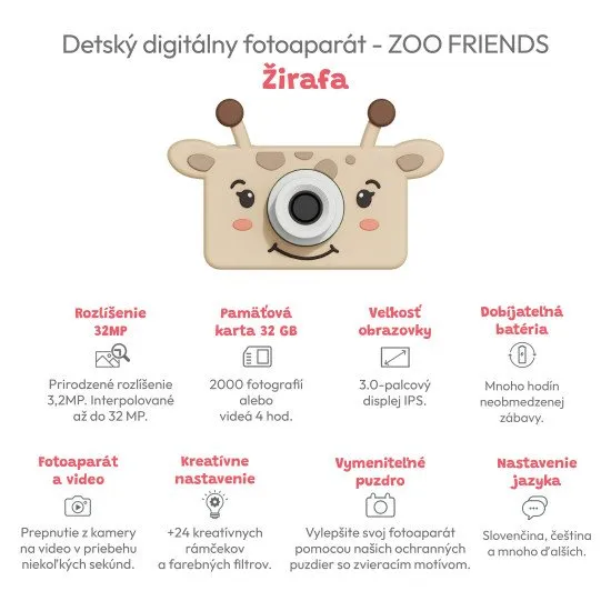 Dětský digitální fotoaparát pro každou cestu s motivem žirafy.