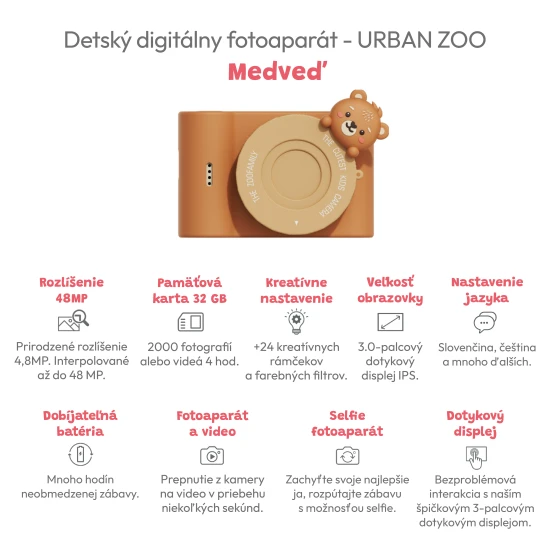 The Zoofamily Dětský digitální fotoaparát Urban Zoo Medvěd Dětský fotoaparát se selfie kamerou se zvířecími motivy.
