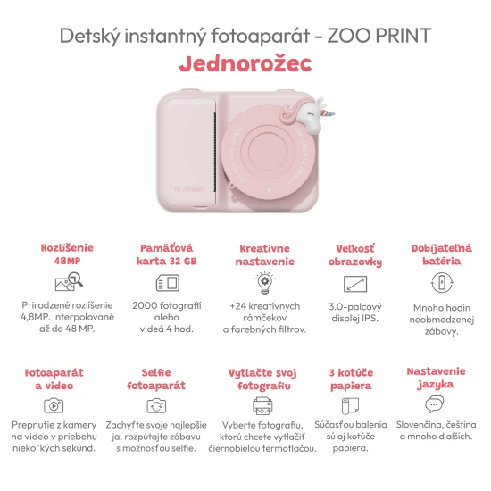 The Zoofamily Dětský instantní fotoaparát Zoo Print Jednorožec Instantní dětský fotoaparát s možností tisku fotek.