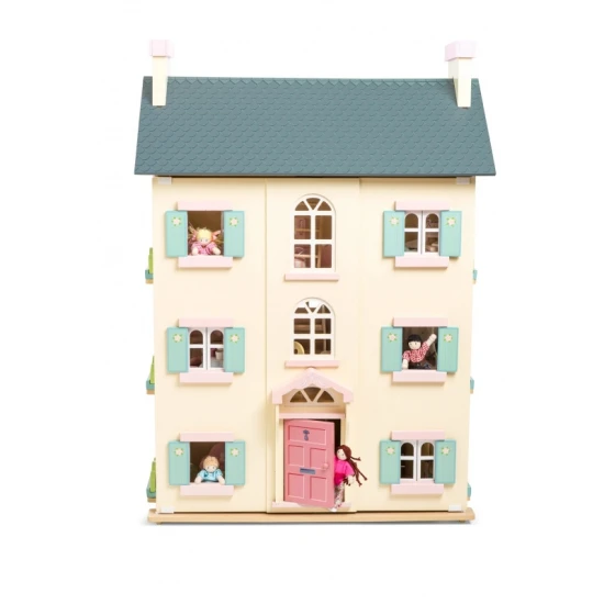 Velký čtyřpatrový ručně malovaný domeček pro panenky je vyroben z přírodních materiálů a je detailně zpracován.