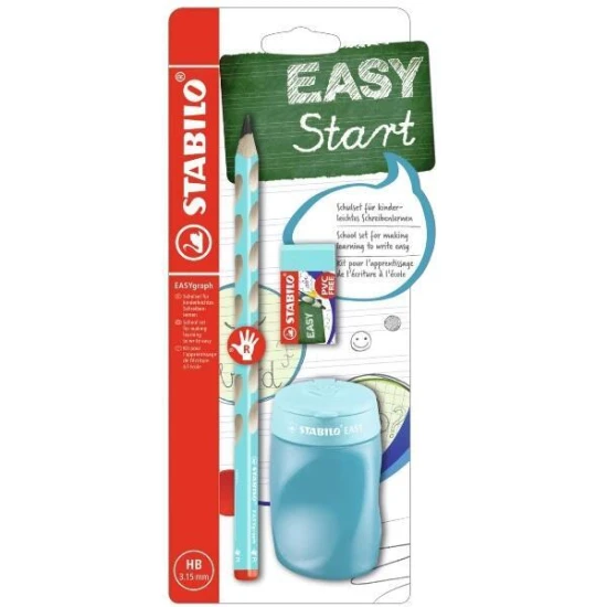 Školní set modrý pro praváky s ořezávátkem a gumou STABILO EASYgraph