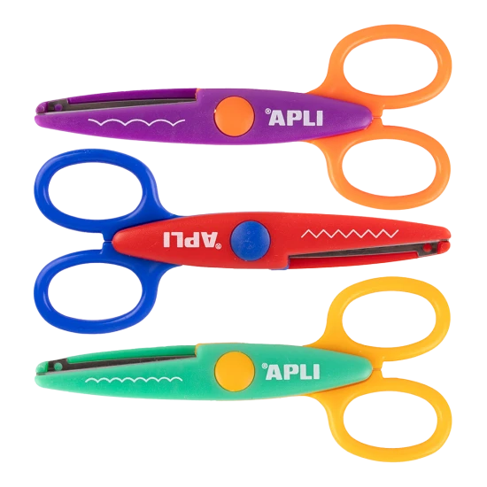 Kreativní nůžky APLI 13,5 cm – obloukový, vlnkový a zoubkový střih, vhodné pro děti na výtvarné aktivity a školní projekty