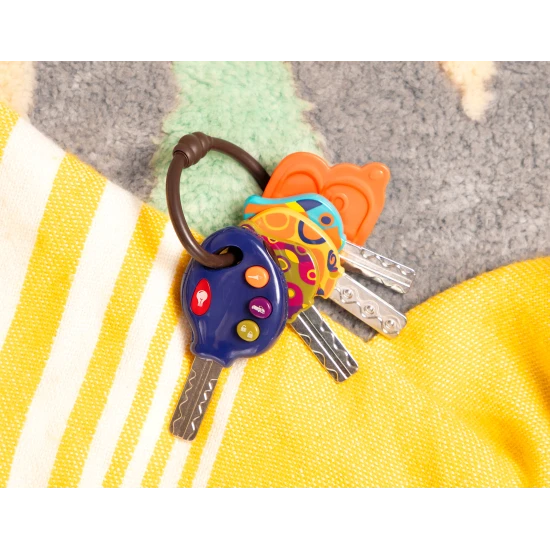 Chrastítko s klíči od auta se třemi různými zvuky a světýlkem, které budou stimulovat zrakové a sluchové smysly miminka.
