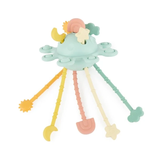 Silikonová motorická hračka s aktivitami Eucalyptus – Montessori hračka pro děti od 12 měsíců