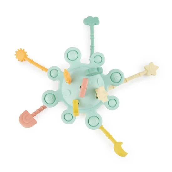 Silikonová motorická hračka s aktivitami Eucalyptus – Montessori hračka pro děti od 12 měsíců