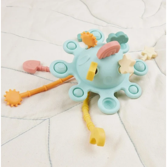 Silikonová motorická hračka s aktivitami Eucalyptus – Montessori hračka pro děti od 12 měsíců