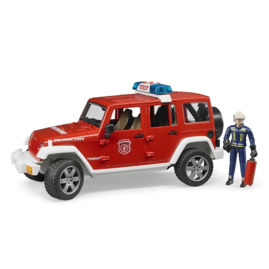 Hasičské auto Jeep Wrangler Bruder 02528 s otevřenými dveřmi a majákem