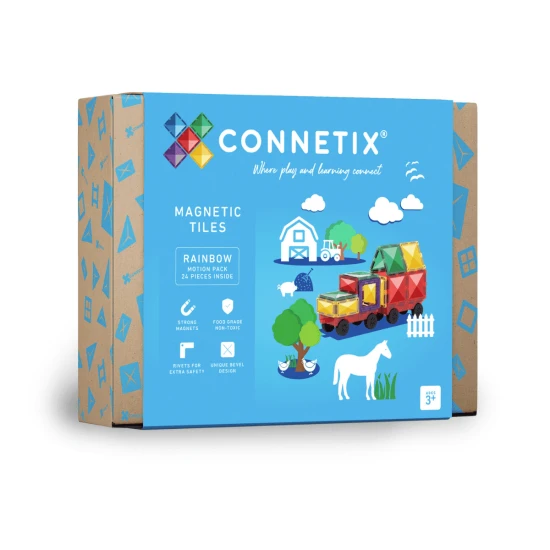 CONNETIX 24dílná Rainbow Motion Pack sada – Vozidla s gumovými koly a magnetickými dlaždicemi pro kreativní stavění a pohyb.