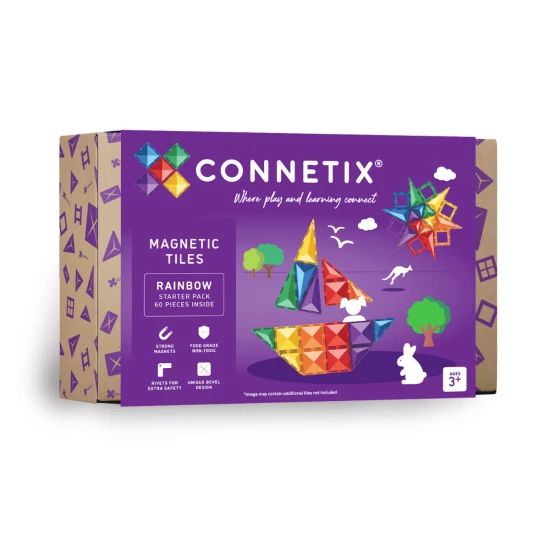 CONNETIX 60dílný Rainbow Starter Pack Set – Různé tvary a barvy pro kreativitu a vzdělávací hru s magnetickými dlaždicemi.