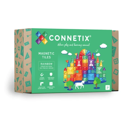 CONNETIX 102-dílná Rainbow Creative Pack – Barevné tvary a komponenty pro stavění hradů, raket, mostů a dalších kreativních projektů pro děti.