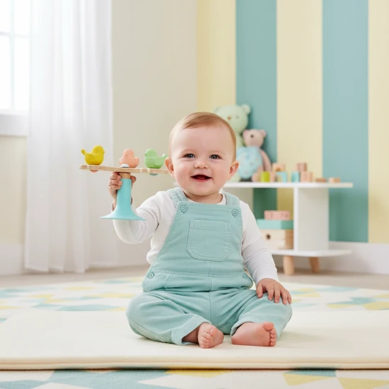 Rotující hračka BabySpini s přísavkou ze dřeva a pastelovými ptáčky pro děti