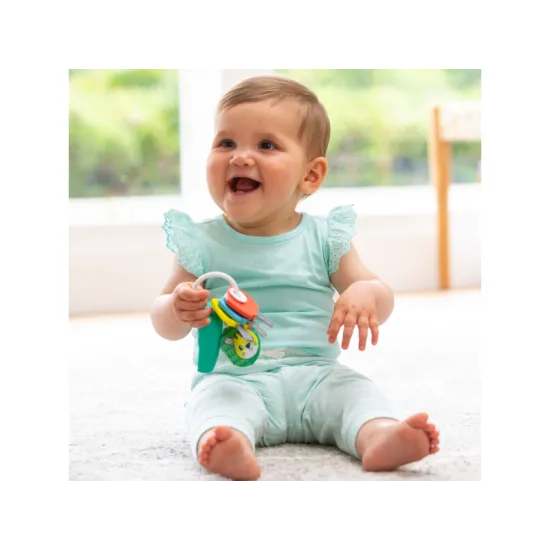 Barevné klíčky z příjemného materiálu s ovladačem, který po zmáčknutí svítí a hraje pět melodií a zvuků. 