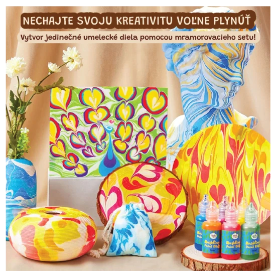 Jarmelo mramorovacia sada – 12 fliaš farieb, pomôcky a papier na vodné mramorovanie