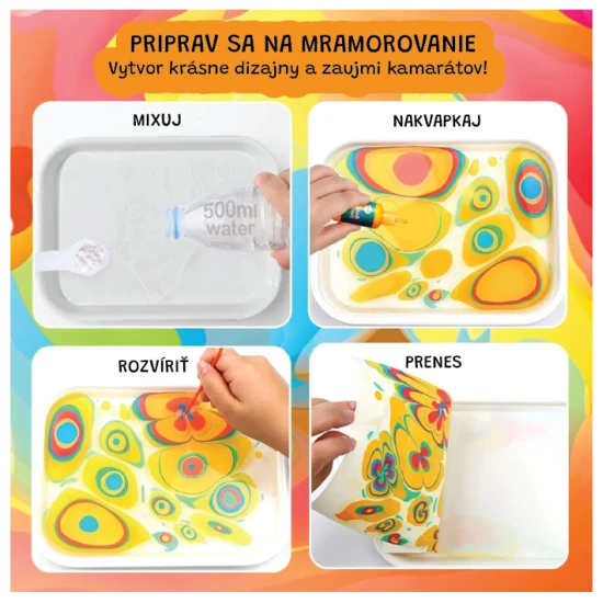 Jarmelo mramorovacia sada – 12 fliaš farieb, pomôcky a papier na vodné mramorovanie