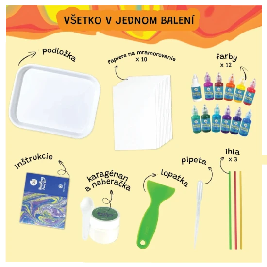 Jarmelo mramorovacia sada – 12 fliaš farieb, pomôcky a papier na vodné mramorovanie