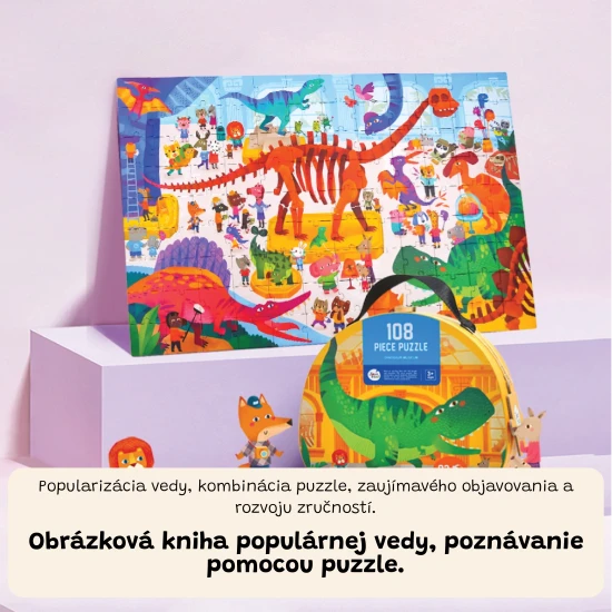 Jarmelo puzzle Muzeum dinosaurů – 108 dílků v kufříku, barevná skládačka pro děti