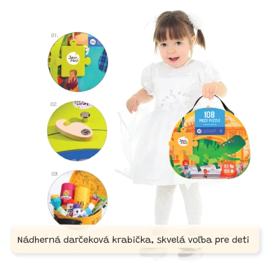 Jarmelo puzzle Muzeum dinosaurů – 108 dílků v kufříku, barevná skládačka pro děti