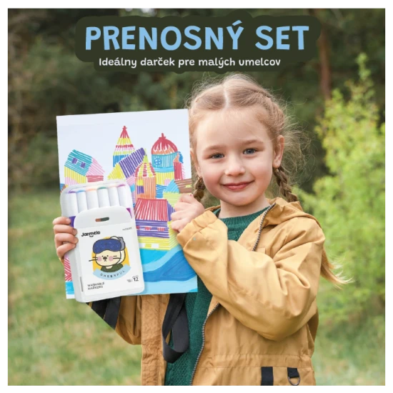 Jarmelo oboustranné fixy v přenosném boxu – 24 barev, štětec a hrubý hrot, netoxické a omyvatelné