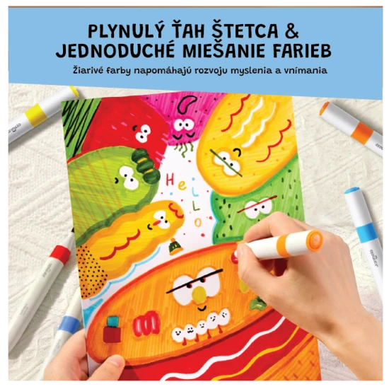 Jarmelo oboustranné fixy v přenosném boxu – 24 barev, štětec a hrubý hrot, netoxické a omyvatelné