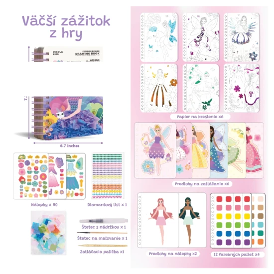 Jarmelo Dreamy Fairy – kreativní knížka s akvarelovou malbou, textiliemi, kamínky a samolepkami pro děti
