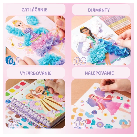 Jarmelo Dreamy Fairy – kreativní knížka s akvarelovou malbou, textiliemi, kamínky a samolepkami pro děti