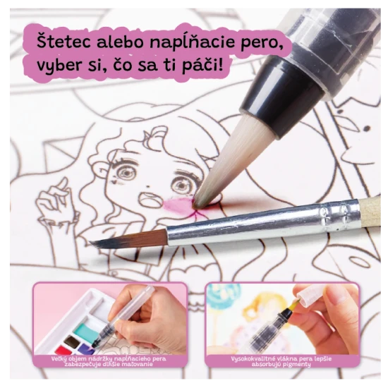 Jaro Melo malování vodou – Dessert Princess, kniha s 8 barvami, 2 štětci a omalovánkami plné princezen