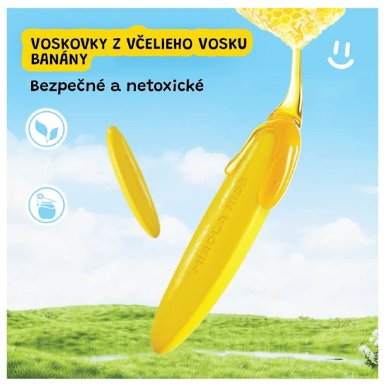 Jarmelo voskovky ve tvaru banánu – 12 ks, barevné, netoxické a ideální pro malé dětské ručičky