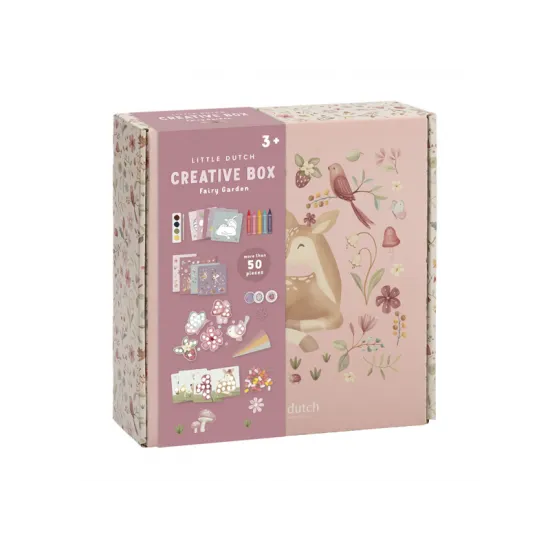 Kreativní sada Fairy Garden obsahuje pastelky, vodovky, samolepky a plastelínu pro tvoření dětských výtvarných projektů.