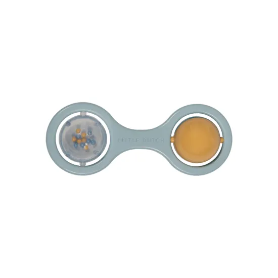 Modré chrastítko se dvěma otáčejícími se kuličkami.